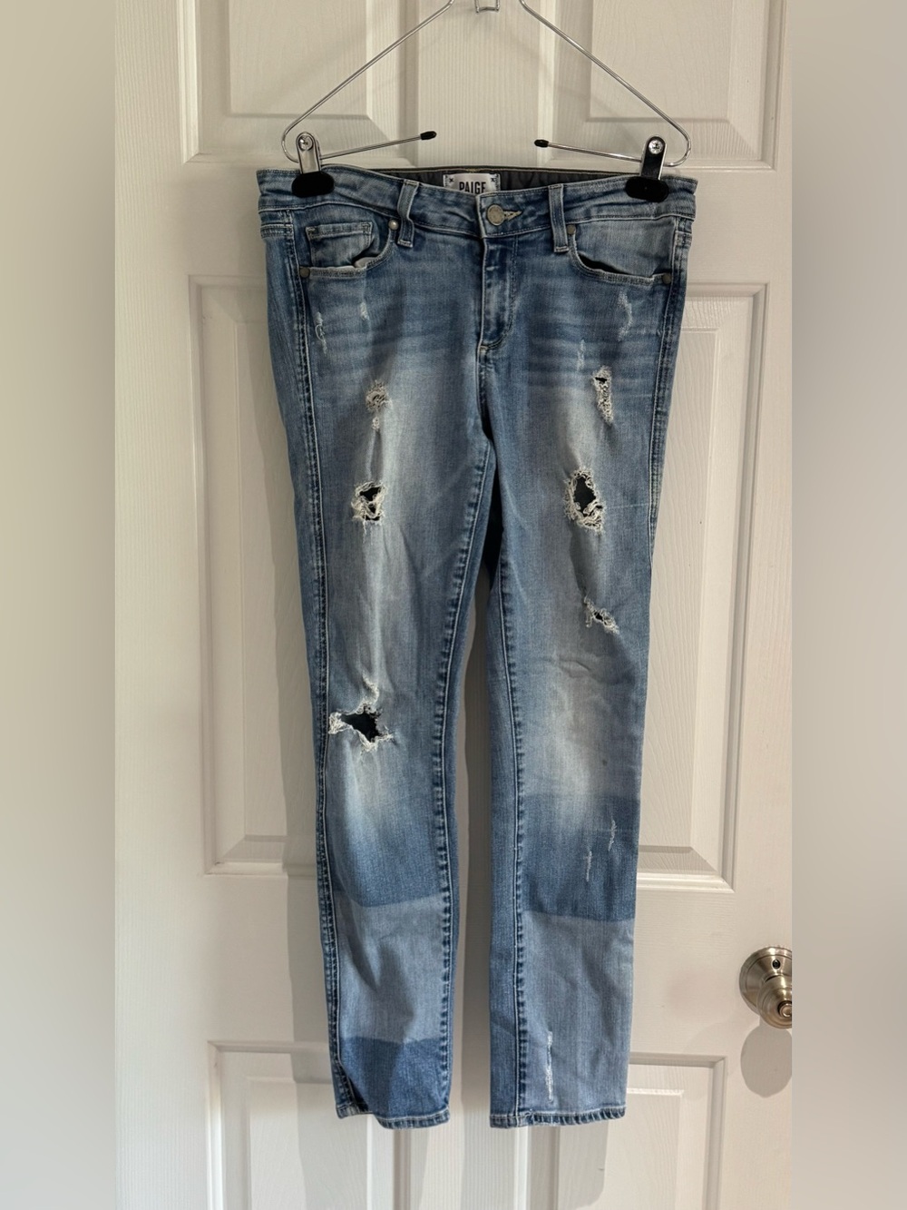 PAIGE Light Blue Distressed Skyline Ankle Peg Jeans